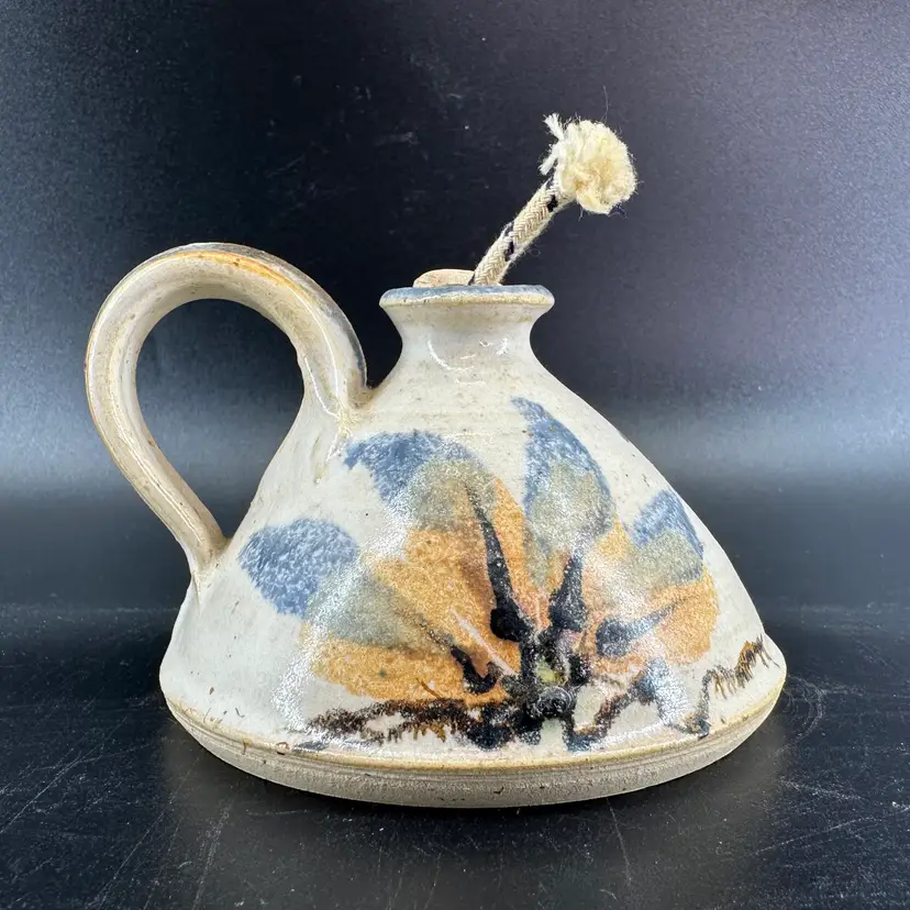 Studio Art Pottery Salt Glaze Oil Lamp Florals 3" Signed