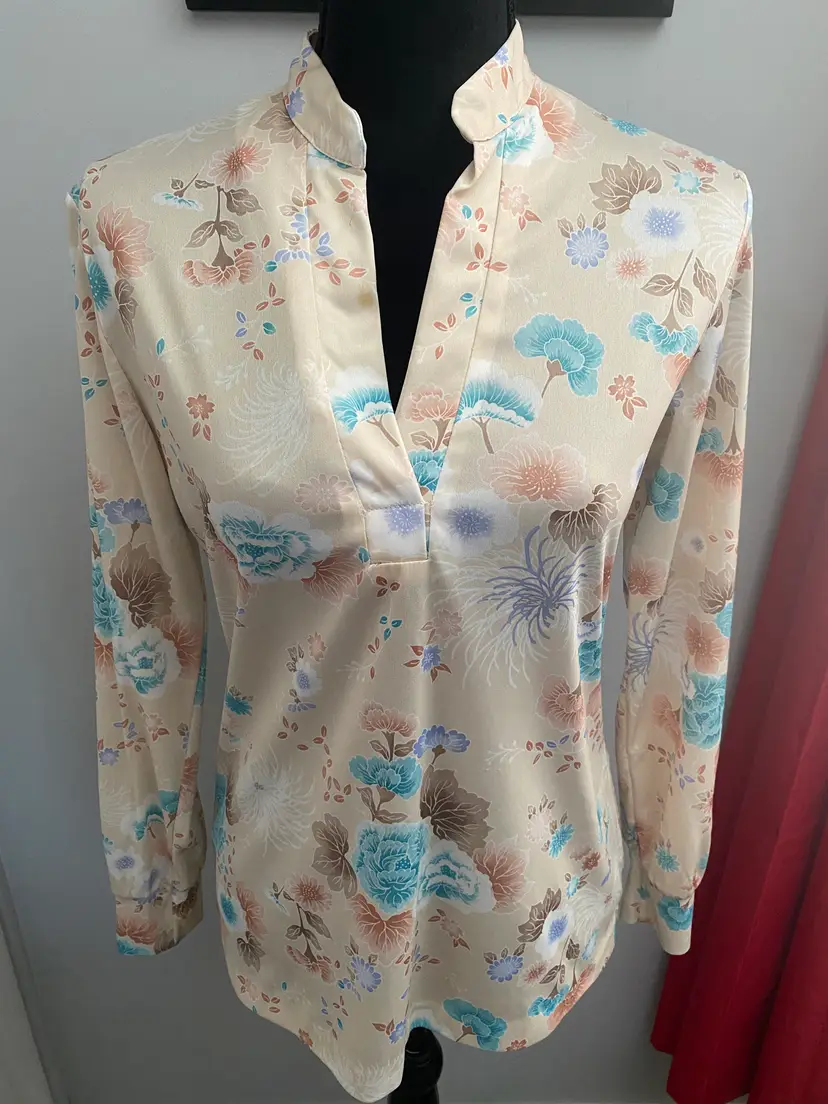 Vintage Aladdin Brand Floral Design Long Sleeve Pullover Polyester Blouse Medium