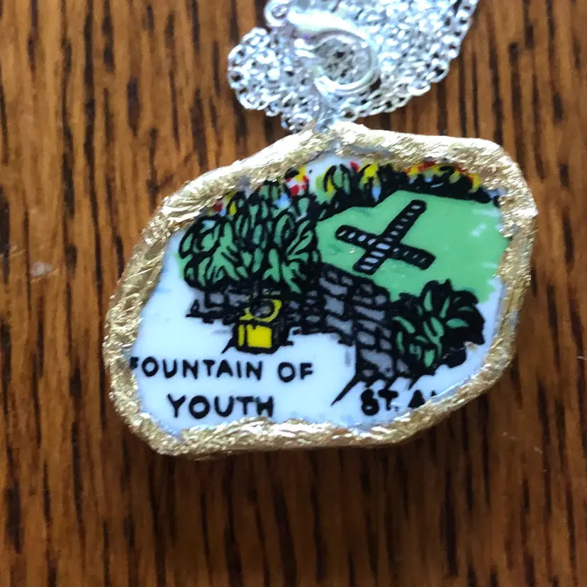 Oodelally Shop Broken Pottery Artisan Made Fountain Of Youth Pendant Florida Collectors Plate Handcrafted Necklace 1 3/8in x 1in