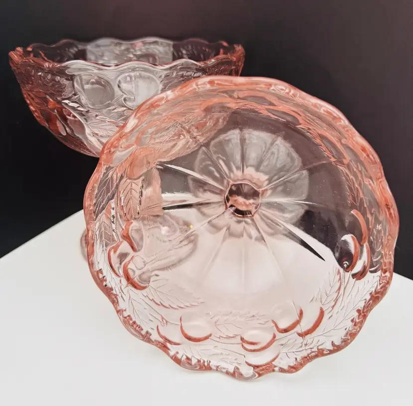Set Of 4 Large Pedestal Compote Glasses - Pink Depression Glass - Cherries & Leaves Decor