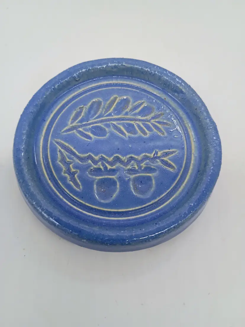 Pigeon Forge Pottery Butter Mold Print Coaster Light Blue Oak Leaf Acorn Pattern