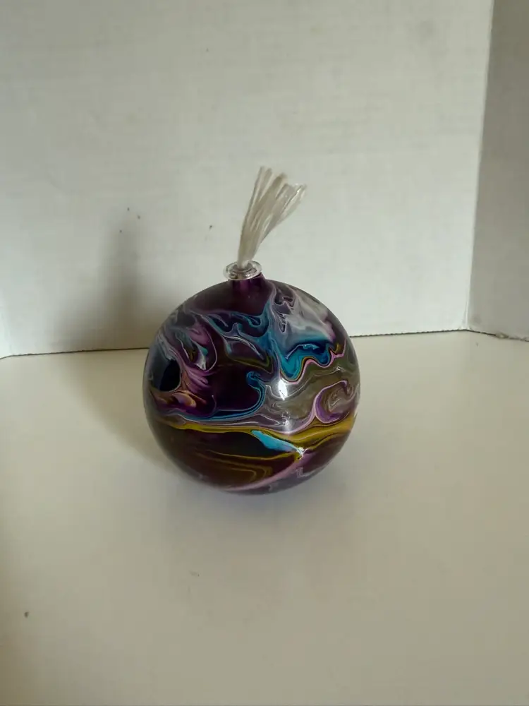 Handblown Glass Orb Oil Lamp Purple & Blue Tie Dye 3.5” X2.5”