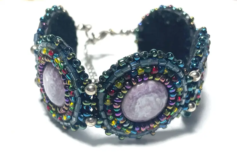 Beautiful Beaded Bracelet. Tiny Multi Colored Beads Large Center Stone