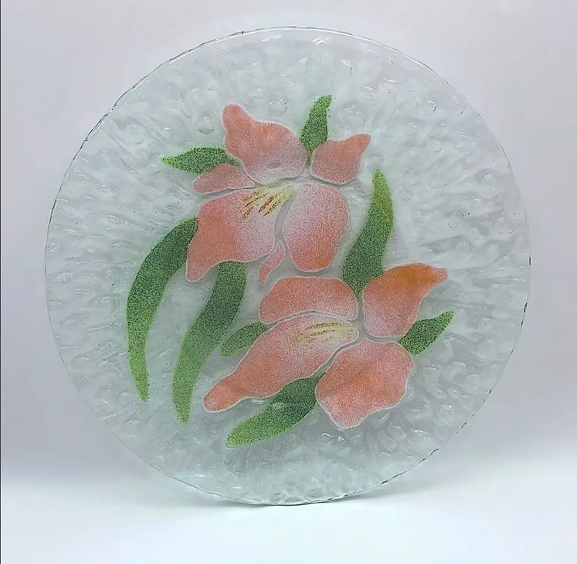 Sydenstricker, Handmade, Floral Fused Glass, Art Glass, 9” Plate, Signed “Syd” (Circled in picture), Mftr. Sticker on back, Made in Brewster, MA on Cape Cod