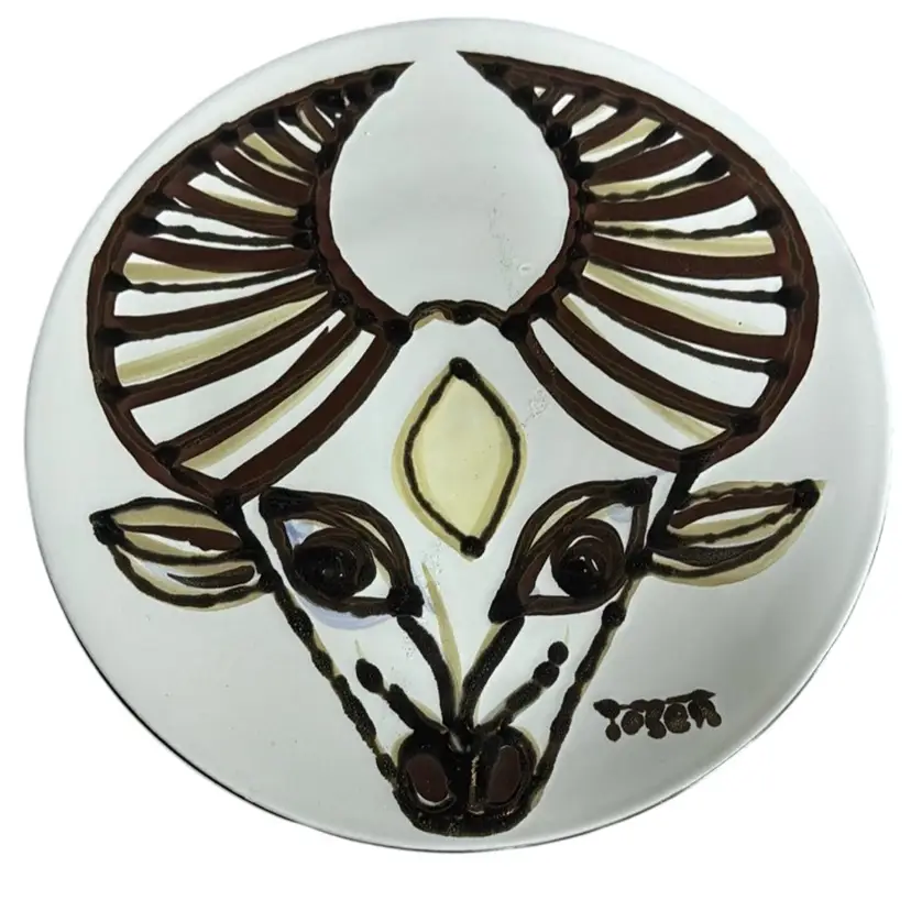 Tosen Signed Goat Ram Head Wall Hanging Pottery Plate Dish Japan 10" 74627