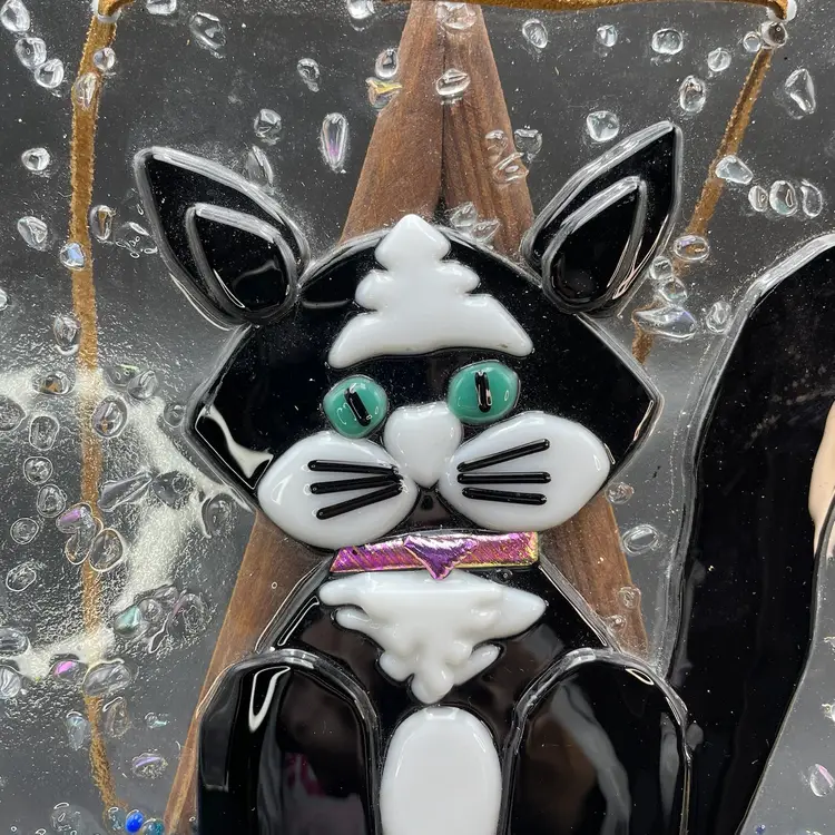Fused Glass Cat Kitten Kitty Wall Hanging Black White Pink Bow Handmade