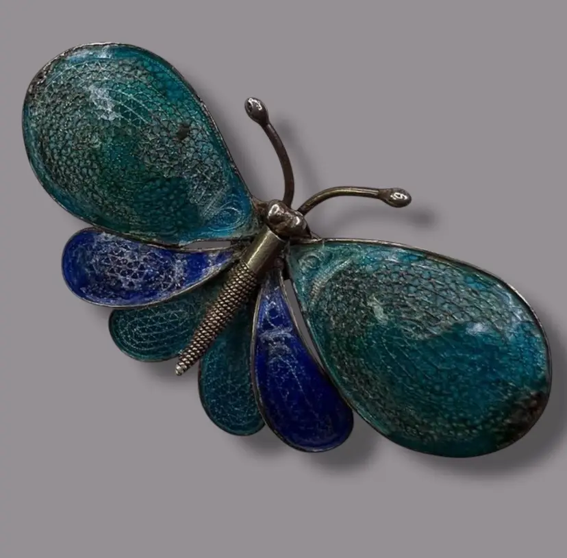 Vintage Blue Enameled .800 Silver Butterfly Brooch 2”