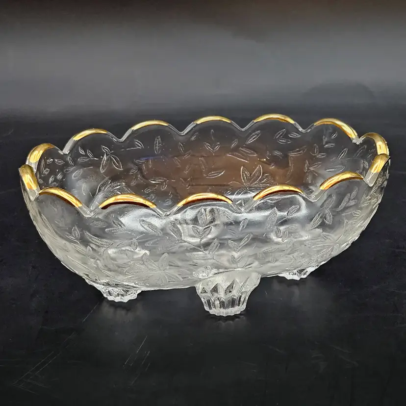 Jeannette Glass Louisa Floragold Footed Candy Dish Gold Trim Oval Vintage