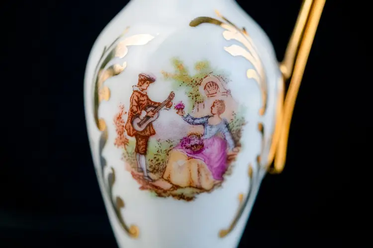 Limoges Vintage Miniature Pitcher Courting Couple White Gold Trim 3.5" France