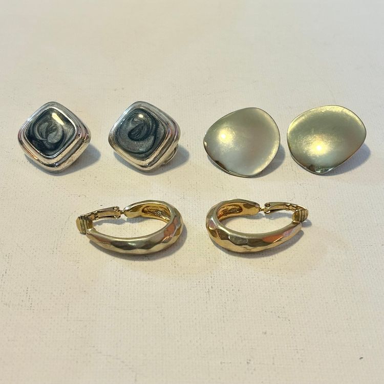 Set Of 3 Unsigned Vintage Gold/Silver Tone Clip-On Earrings - Blue Enamel, Slightly Dimensional, Matte Diamond Texture
