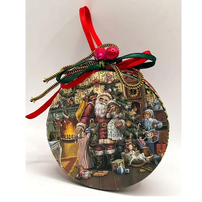 Round Gift Box Red Santa Claus Children Christmas Tree Ornament 3 in Diameter
