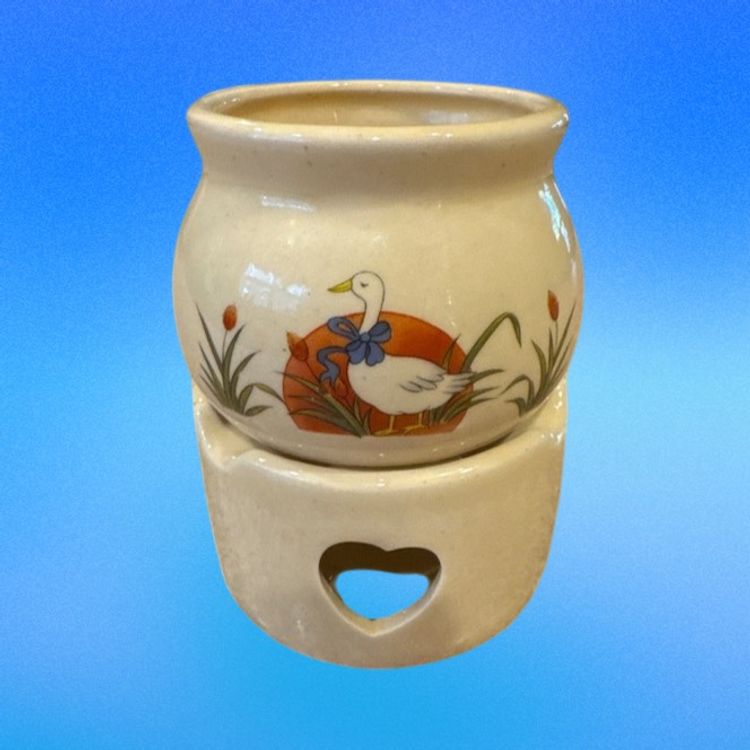 Stoneware Potpourri Wax Warmer Blue Bow Duck VTG 1988 Cottage Core Country Farm