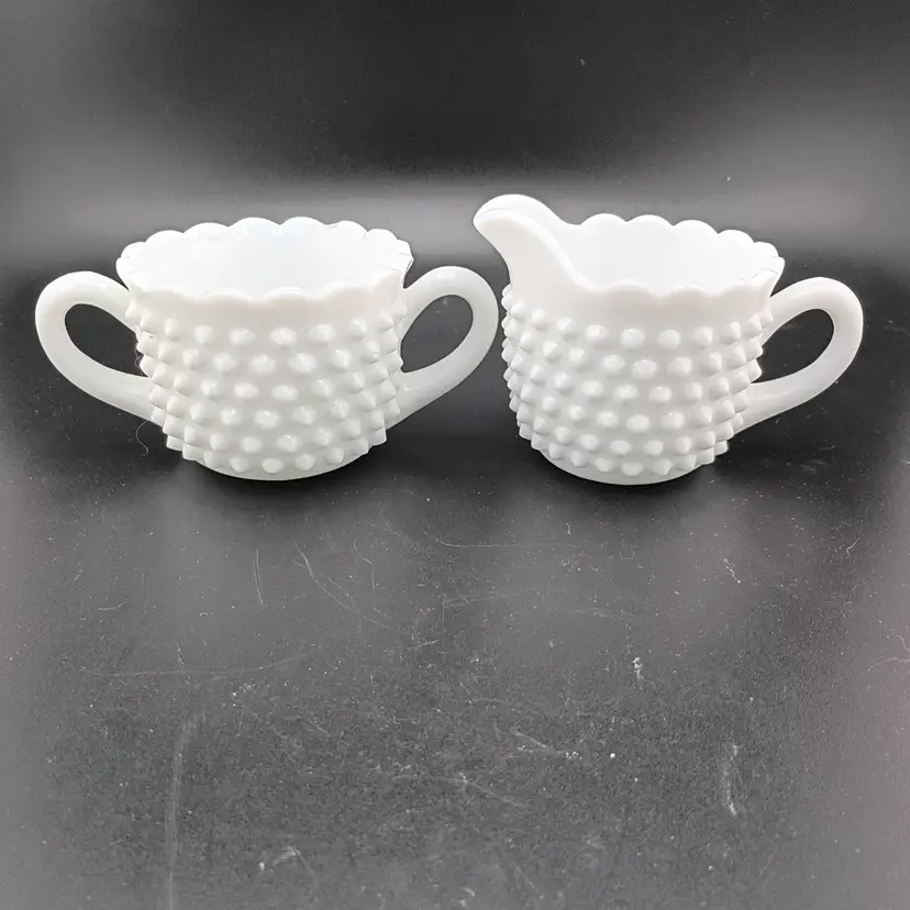 LE Smith hobnail milk glass cream and sugar set