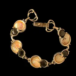 Vintage Emmons Silver Tone Bracelet With Sea Shell Design With Faux Opals, Black Beads