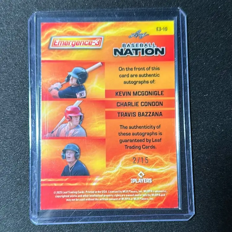 Kevin McGonigle Charlie Condon Travis Bazzana 2025 Leaf Baseball Nation Emergence 3 Triple Auto 2/15