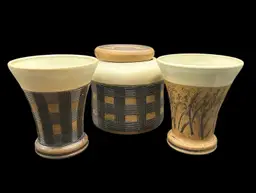 Czech Pottery Dice Cups And Lidded Jar Signed Artist EK