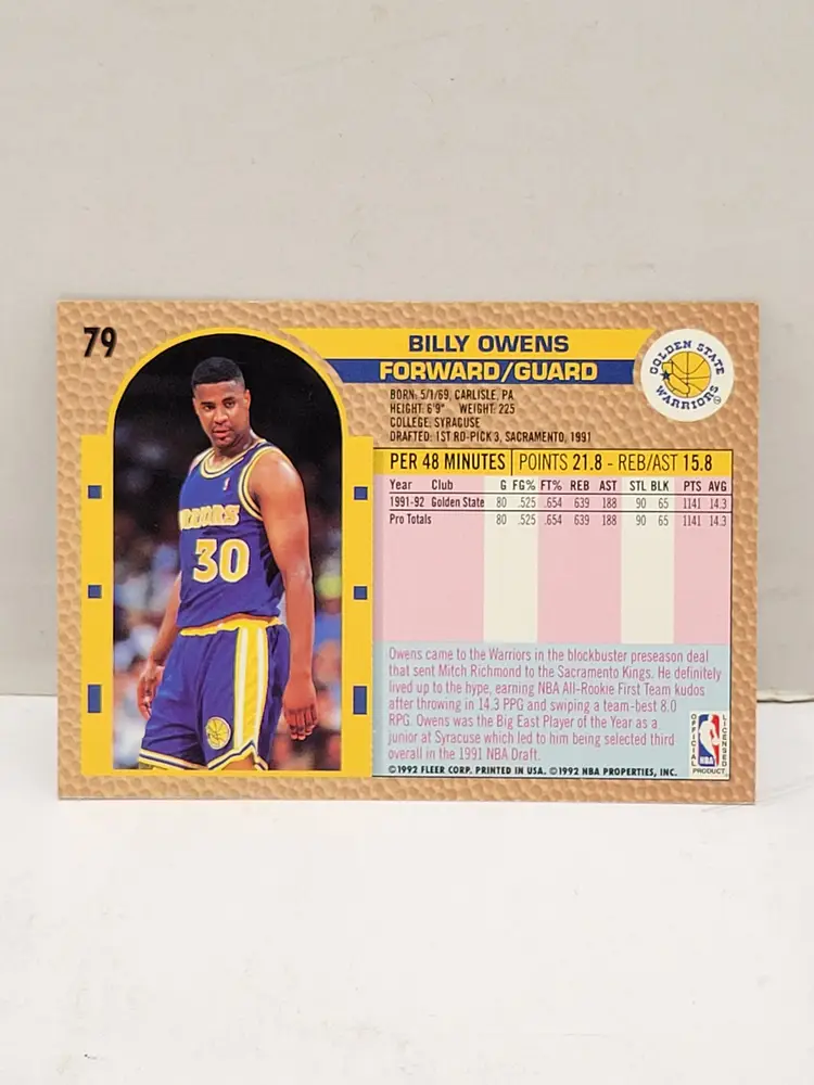 1992-93 Fleer Basketball #79 Billy Owens Golden State Warriors