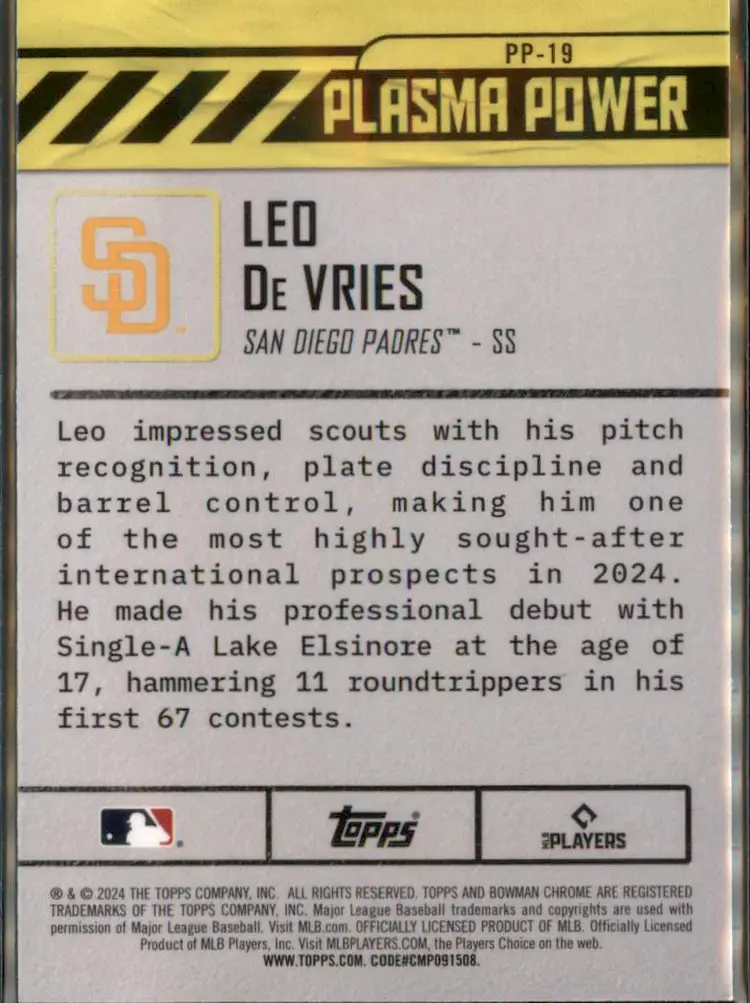2024 Bowman Draft #PP-19 Leo De Vries Plasma Power - (138) - San Diego Padres