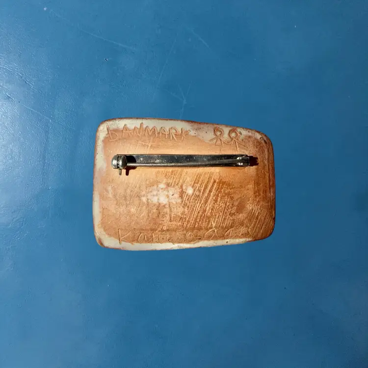 Vintage Karin Og Aase Denmark Ceramic Brooch 1960s Mid Century Modern Blue White Scandinavian Pin Signed Atomic Design