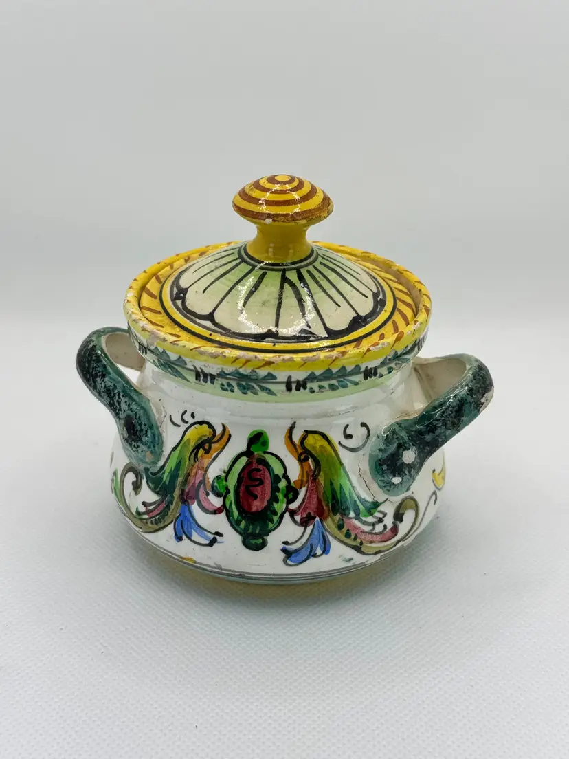 Vintage Fratelli Fanciullacci Raffaellesco Espresso Sugar Bowl Lidded, Dragon Pottery Handcrafted, Artist Signed, By Fratelli Fanciullacci Raffaellesco, Made in Italy