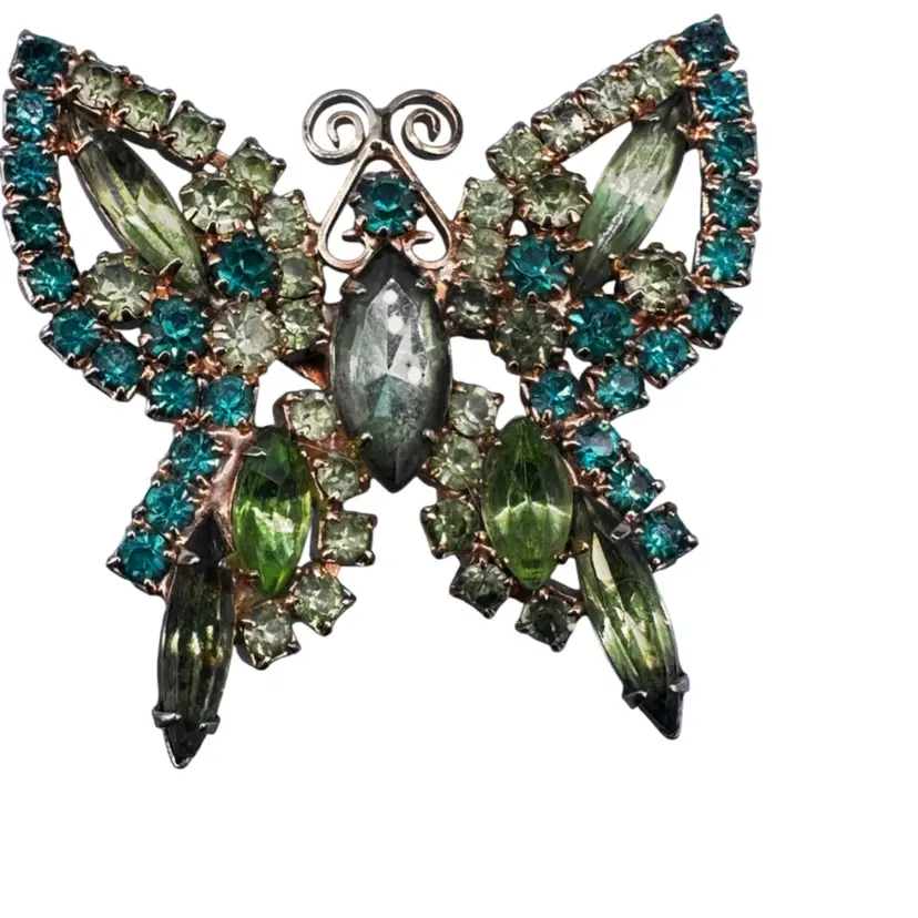 #01 - Vintage gold plated green rhinestone butterfly brooch