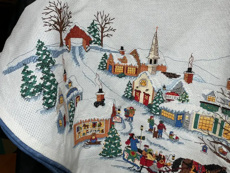#12 Dimensions Charles Wysocki Counted /c/ross stitch Tree skirt Christmas Village or Yuletide Village ‘design