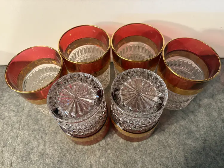 Set of 6 Vintage Ruby Glass Cocktail Glasses With Gold Trim  # 3001