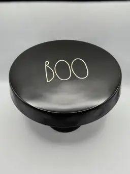 Rae Dunn BOO Matte Black Halloween Cake Stand/ Pedestal • RARE HTF 9-3/4”D • EUC