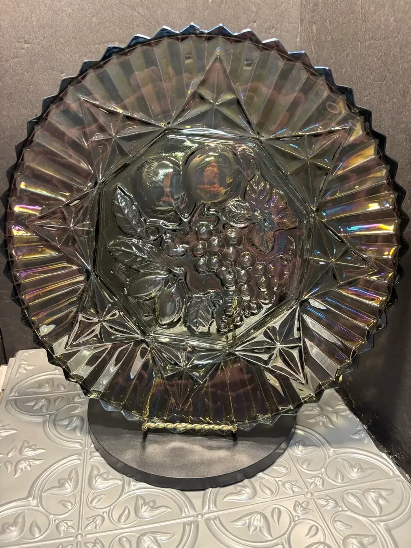 Vintage Federal Glass Smoke Iridescent Carnival Glass 11" Serving Plate