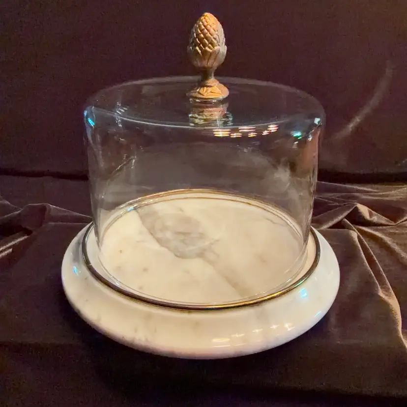 Vintage White Gray Marble Cheese Board with Clear Glass Dome Cloche Lid With Pinecone Finial