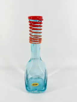 Handmade Kalina Poland 11" Pale Blue Art Glass Bottle Vase Applied Red Swirled Band