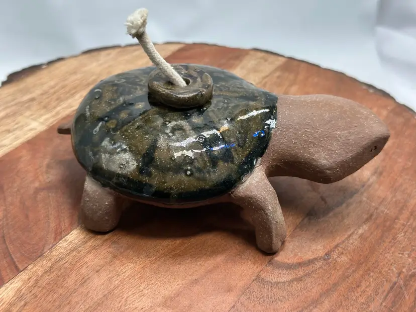 Pottery Turtle Oil Lamp Burner Glazed Stoneware Whimsical Handmade Desert
