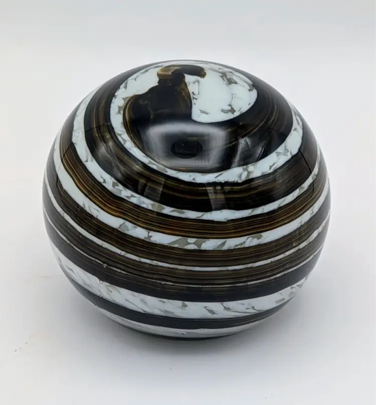 Vintage Glass White Clear Brown Swirled Design Elwood IN. Art Glass Paper Weight