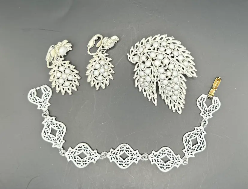 Vintage White Metal and Crystal Demi Parure *READ*