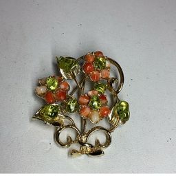 Green & Orange Stone Brooch Goldtone 1 3/4” - Modern