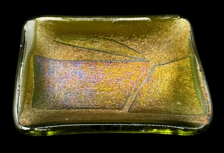 Studio Fused Art Glass Trinket Ring Condiment Dish Olive Green Iridescent Gold