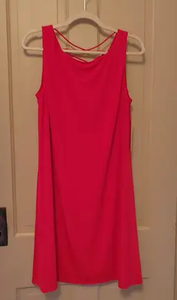 Dress- Brand: Eliza J. Size 14. NWT. Retail $128. Red dress. Shell- 95% polyester, 5% spandex. Lining- 100% polyester. No callouts.
