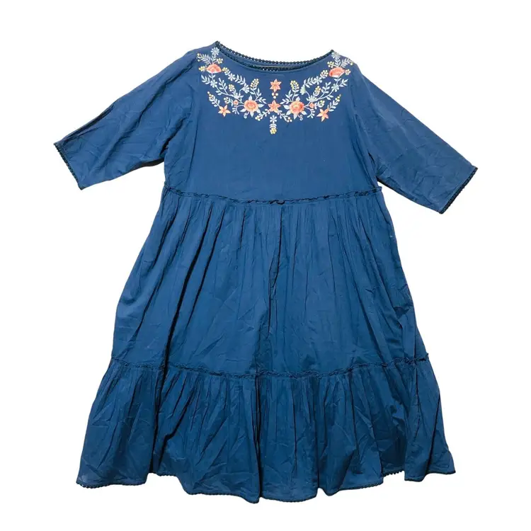 eShakti Wayward Francies Blue Floral Embroidery Pom Trim Prairie Midi Dress 16