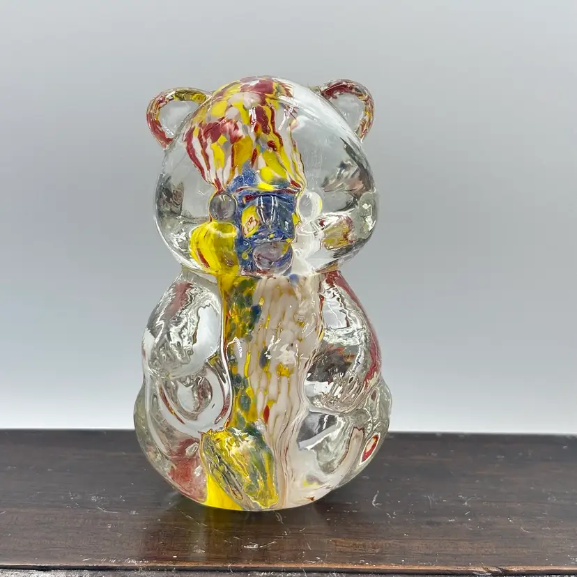 Art Glass Teddy Bear Figurine Clear with Colour 3.5”*