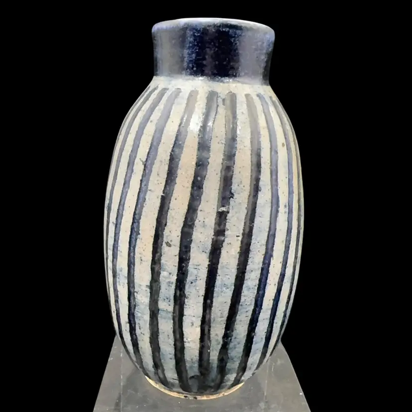 Handmade Art, Studio Pottery Vase With Vertical Carved Lines With Royal Blue Glaze. Has A Makers Mark Of Hager Or/Harper.