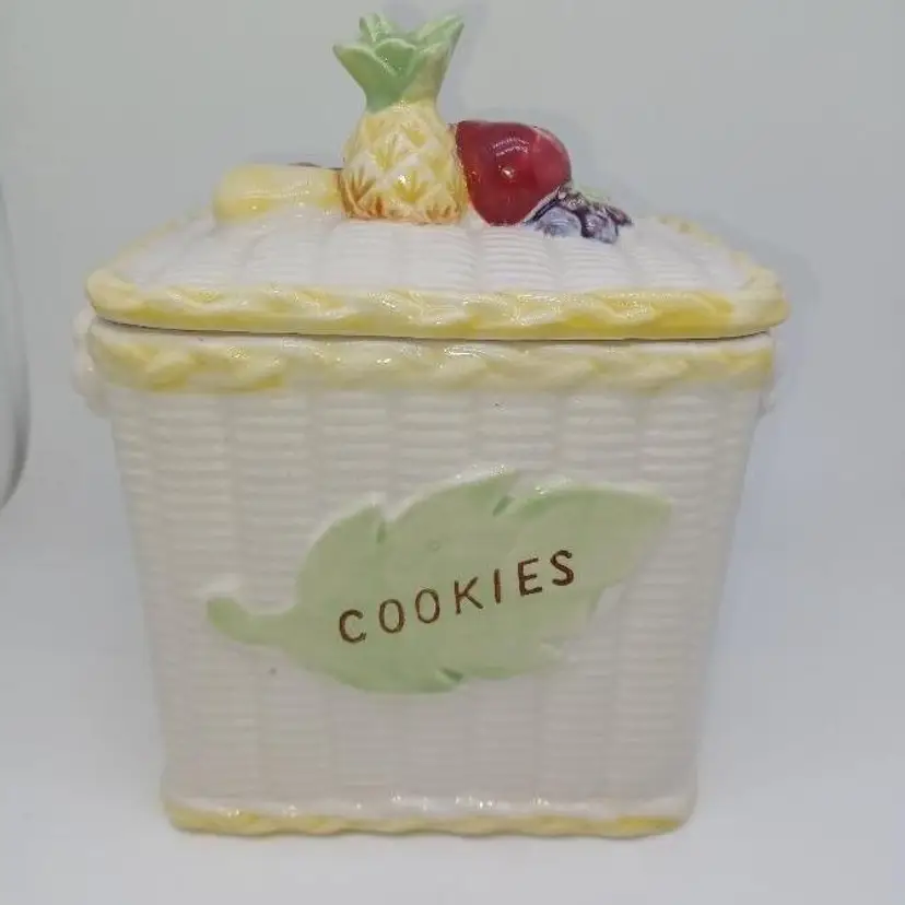 Vintage Tilso Biscuit Jar Fruit Lid Cookie Green Leaf