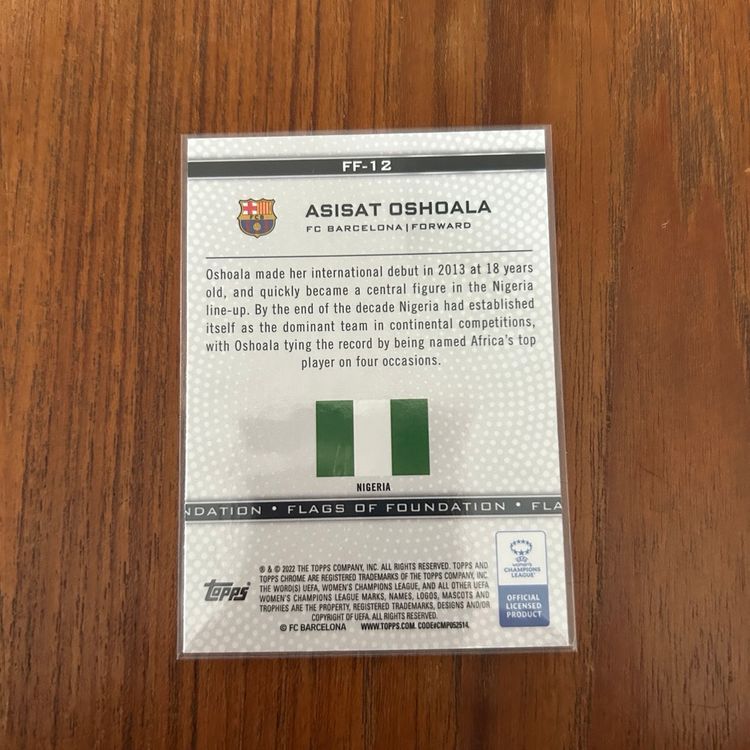 21/22 Topps Chrome UWCL Flags of Foundation Insert Asisat Oshoala FC Barcelona/Bay FC/Nigeria