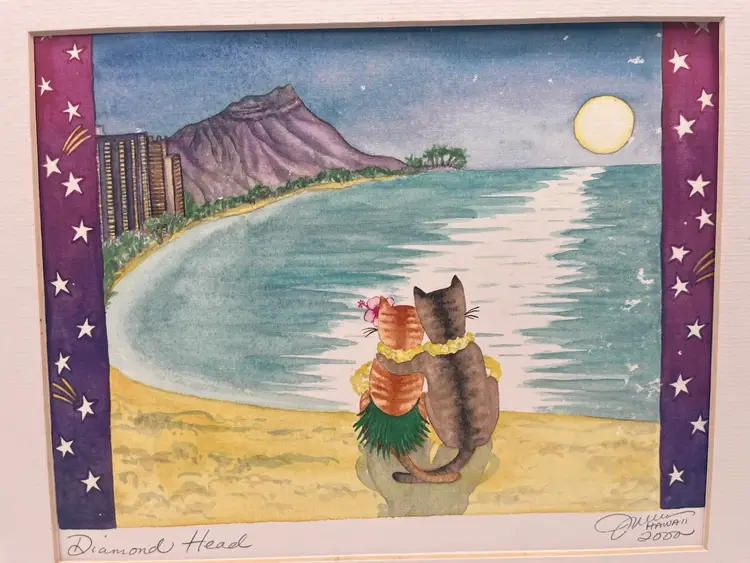 Signed “Diamond Head” Art Print by Hawaiian Artist Joanna Carolan - 2000 - Matted to 14” X 11”