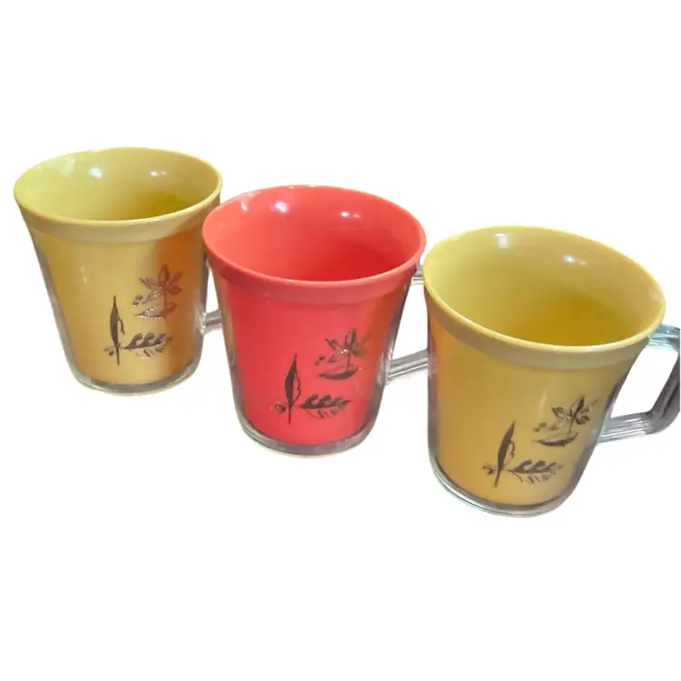 3pc VINTAGE INSULATED CUPS By Burrite double-walled insulated mug with a Embossed gold leaf design MCM 1950s