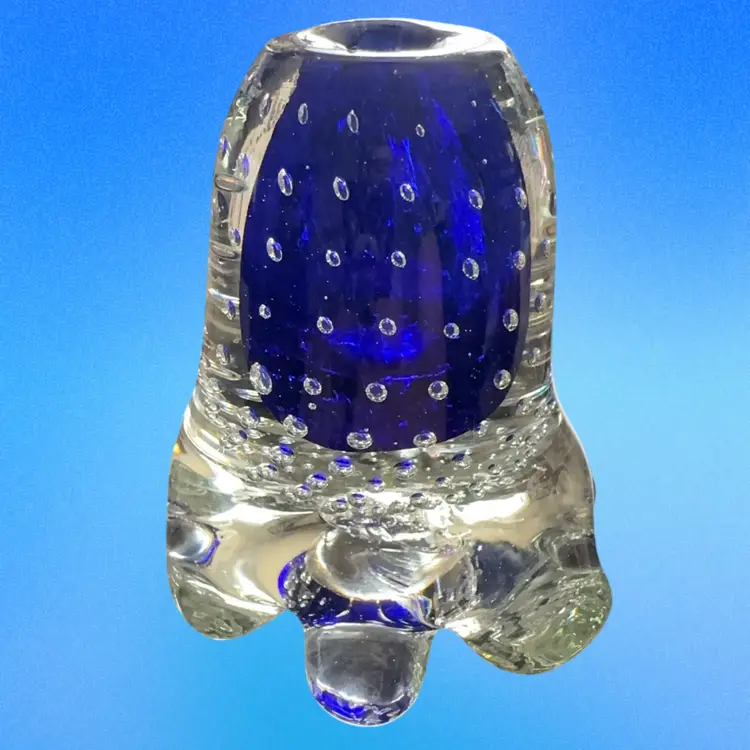 Cobalt Blue Controlled Bubbles Art Glass Paperweight / Bud Holder  -signed