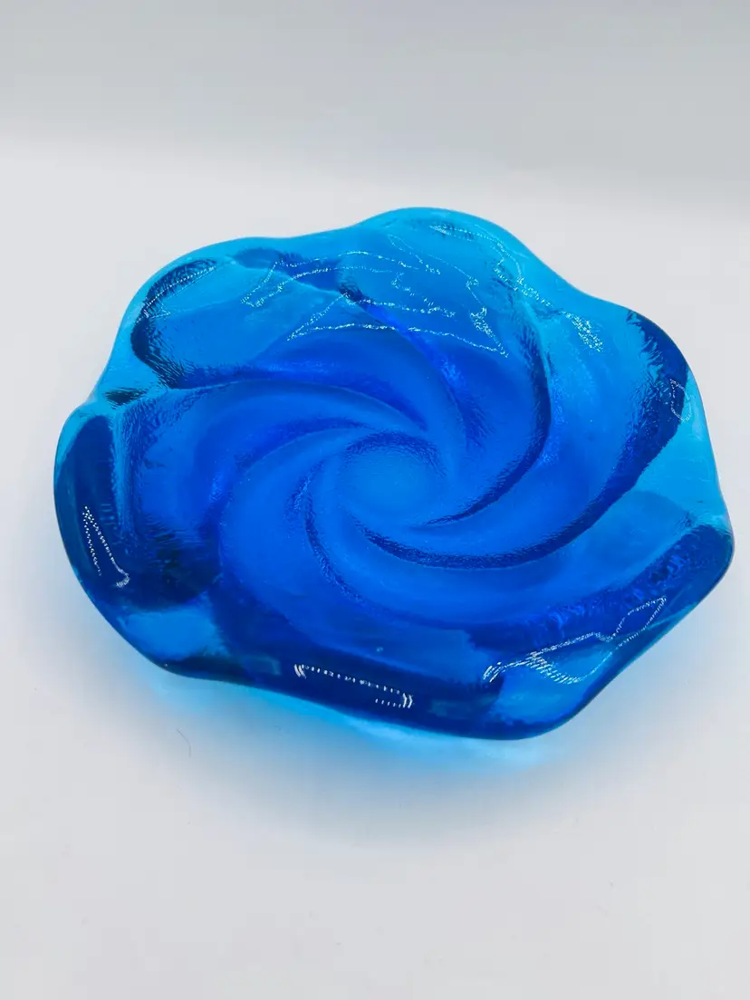 Vintage Blue Glass Heavy Trinket Tray Jewelry Bowl Ashtray