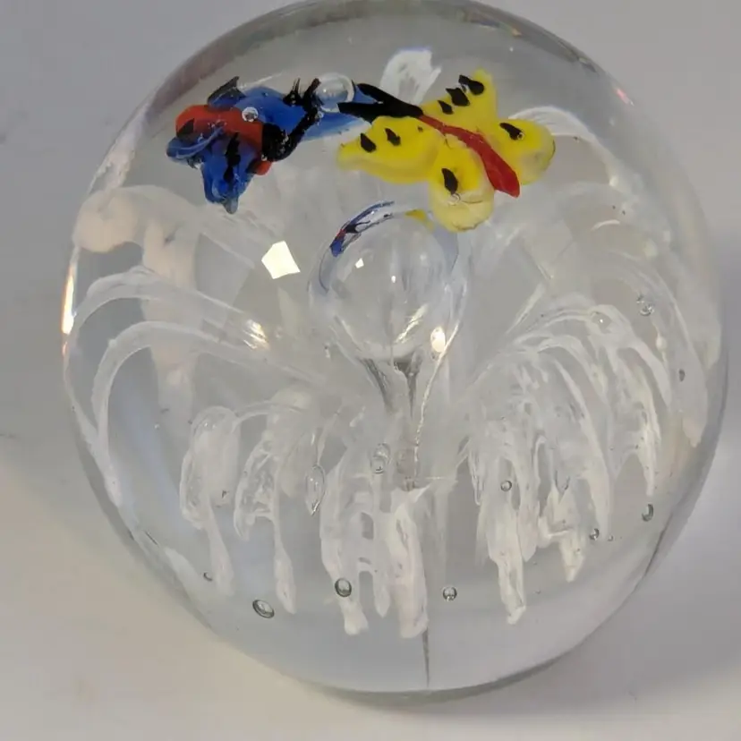 Art Glass Paperweight Butterflies and White Flower