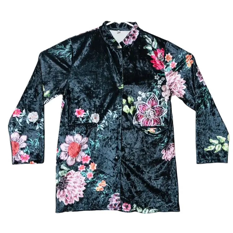 Misslook Crushed Velvet Floral Top Cardigan Button up BOHO Black Plus Sz 2XL