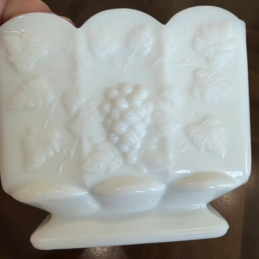 Westmoreland milk glass planter with embossed paneled grape pattern. 4.5x4.5x4”