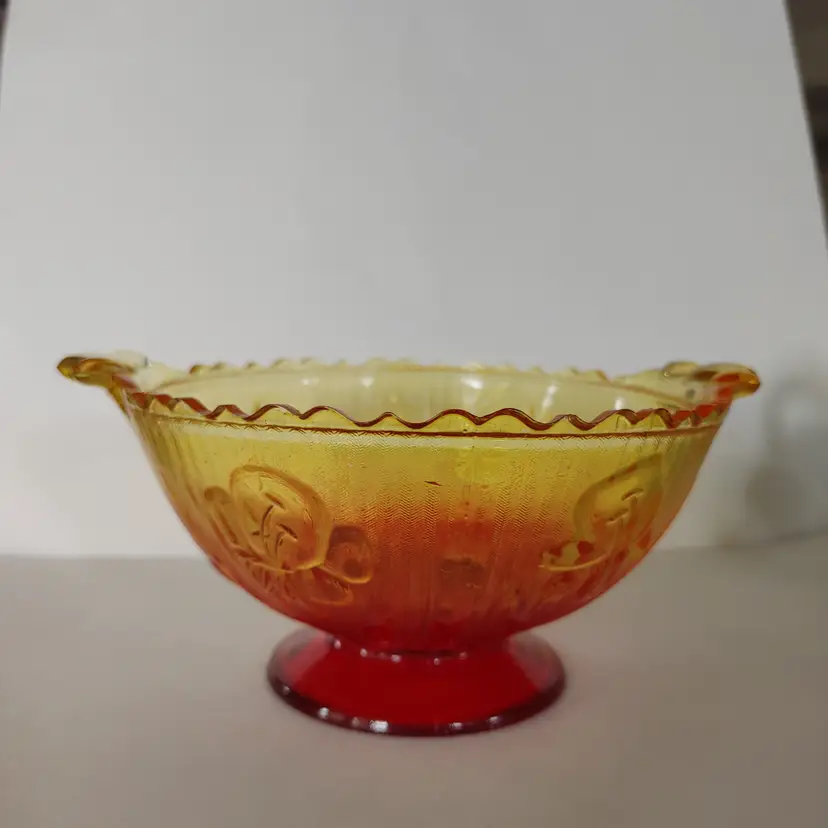 Amberina Jeannette Glass Iris & Herringbone footed bowl. 7.5 x 6 x 3.5 high. No chips.